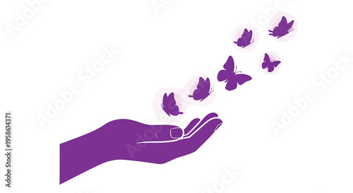 A purple hand releasing colorful butterflies into the air