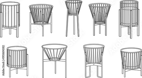 Vector container illustration featuring eight cylindrical and conical basket designs with structural frames