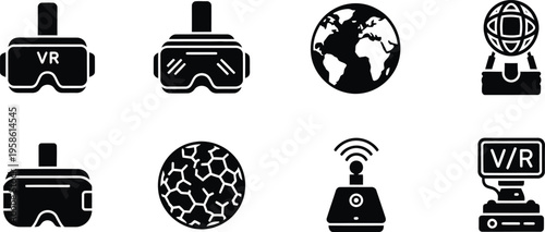 Black virtual reality icons set including headsets globes and wireless technology