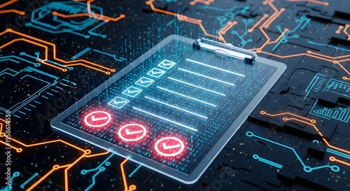 Futuristic digital checklist on a glowing circuit board, representing advanced data verification, cybersecurity compliance, and streamlined technological process management