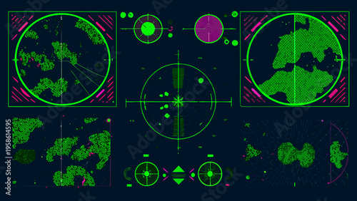 Abstract radar screen display with geometric shapes and neon colors
