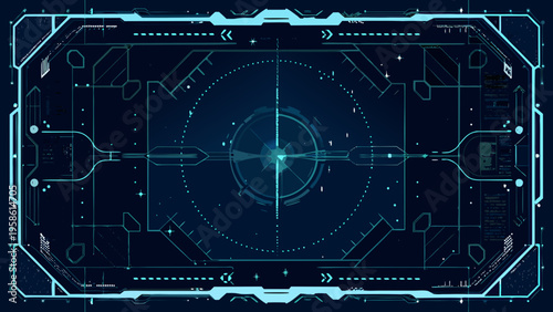 Futuristic interface with a central targeting reticle and glowing blue lines