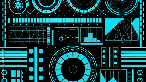 Abstract technological background with glowing cyan radar and data displays