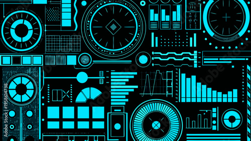 Abstract digital interface with glowing cyan elements on black background