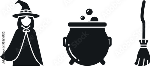 A black silhouette illustration of a witch and her magical tools