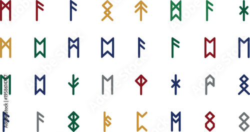 A collection of colorful runic symbols arranged in rows on a white background
