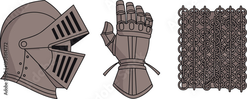 Medieval armor set including a helmet glove and maille panel illustration
