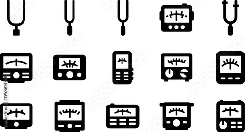 A collection of black electronic testing device icons on a white background