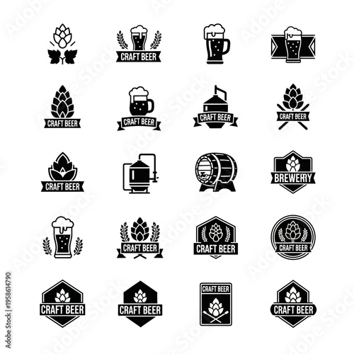 Collection of Black and White Craft Beer and Brewery Logo Icons with Hops, Mugs, and Barrels