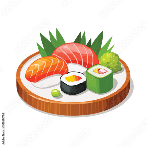 Fresh sushi assortment on a wooden plate with wasabi and garnishes