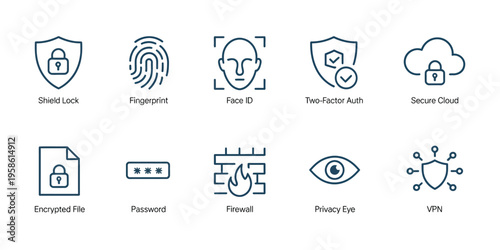 Security and Privacy Icon Set, Shield Lock Fingerprint Face ID Password Firewall VPN Symbols, Cyber Security Vector Illustration for Data Protection, Network Safety, and Digital Technology