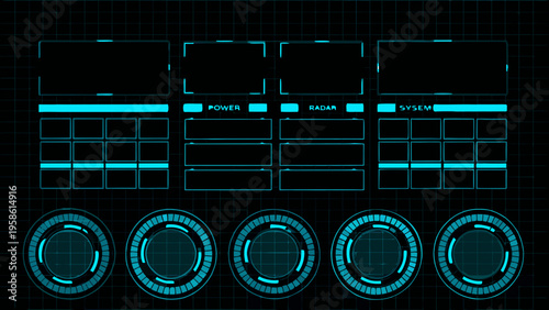 Futuristic interface with glowing cyan panels and circular elements