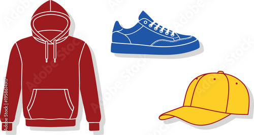 A colorful illustration of casual clothing items on a white background
