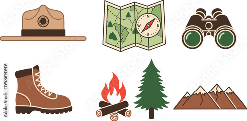 A collection of camping and hiking icons on a white background