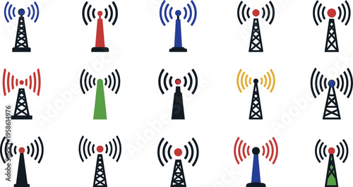 A collection of colorful cell tower icons with various signal waves emitting