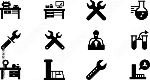 A collection of black industrial and workshop icons on a white background