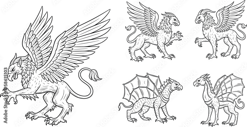 Fototapeta premium A set of mythical creatures including griffins and dragons in various poses