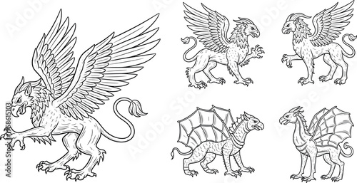A set of mythical creatures including griffins and dragons in various poses