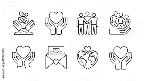 Love & Care Line Vector Icons – Heartfelt Friendship and Charity Illustration Set