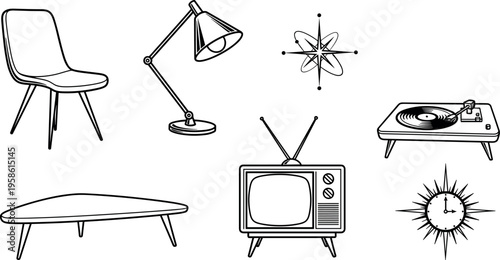 A collection of retro and vintage style line drawings of household items
