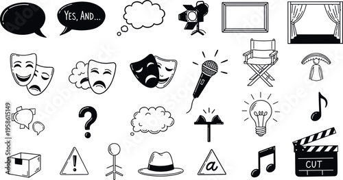 A collection of black and white icons related to theater and performance
