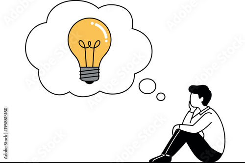 A man sitting on the floor with a lightbulb thought bubble