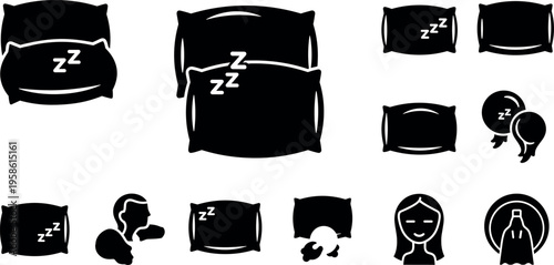 A collection of black and white icons depicting sleep and rest