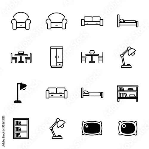 Furniture icon set featuring minimalist line art of armchairs, sofas, beds, tables, lamps, and bookshelves for interior design.