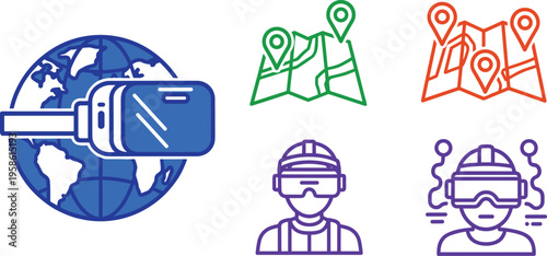 A collection of colorful icons representing virtual reality and navigation technology