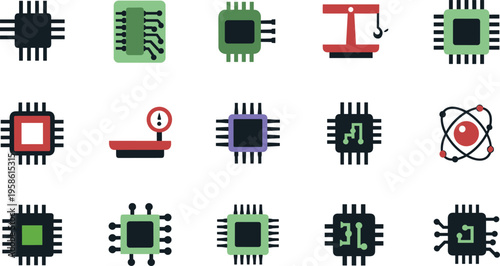 A collection of colorful microchip icons on a plain white background