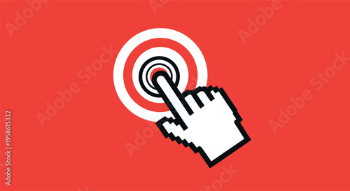 A computer mouse cursor clicking on a target icon on a red background