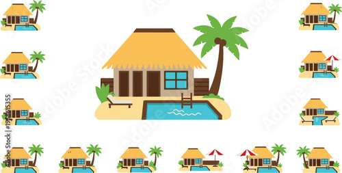 A collection of tropical hut icons with pools and palm trees