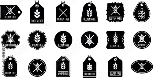 A collection of black and white gluten free food labels and icons