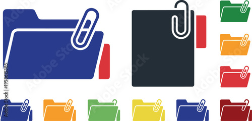 A collection of colorful folder icons with paper clips on a white background