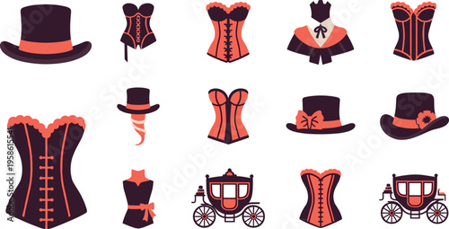 A collection of vintage fashion icons including corsets and hats