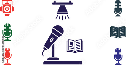 A collection of colorful icons representing podcasting and public speaking tools