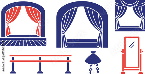 A collection of ballet barre and window graphics in blue and red