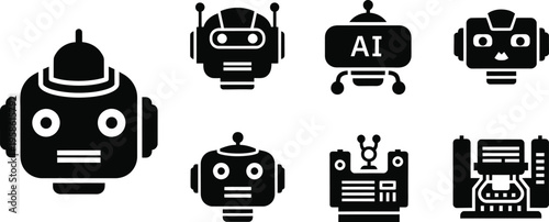Collection of seven black and white robot icons