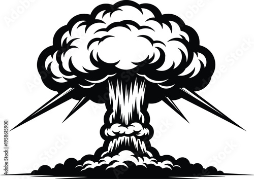 Nuclear explosion and aerial weapons silhouette illustration, military technology artwork, warfare design concept, black and white vector template set