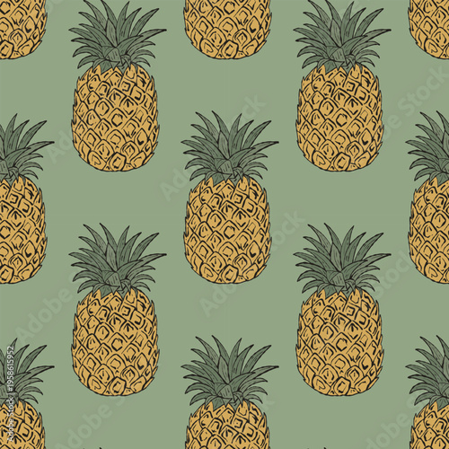 Artisan Hand-Drawn Pineapple Seamless Pattern. Tropical Fruit Vector Background for Organic Food Packaging and Summer Textile Design