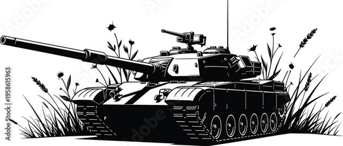 Modern military tank silhouette illustration in camouflage nature, defense technology artwork, battlefield design concept, black and white vector template set