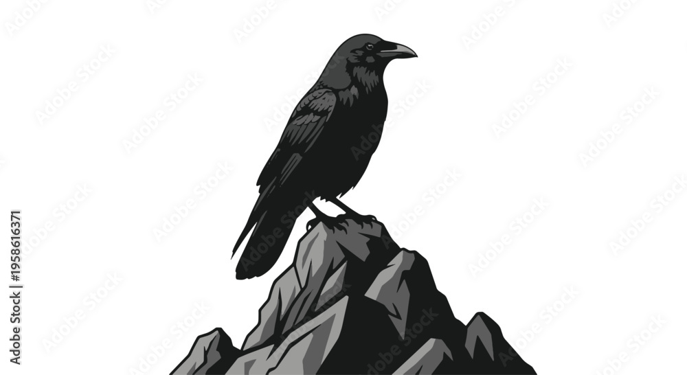 Fototapeta premium Raven Perched on Rocky Mountain Peak Looking to the Side