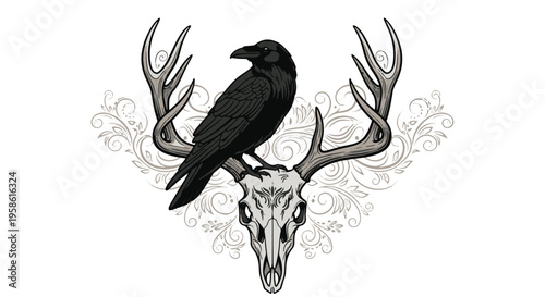 Raven Perched on Deer Skull with Ornate Floral Background