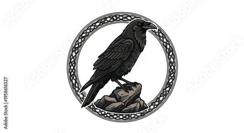 Raven Perched on Rocks in Celtic Knot Circle Emblem