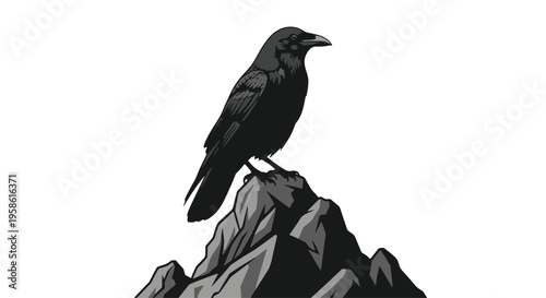 Raven Perched on Rocky Mountain Peak Looking to the Side