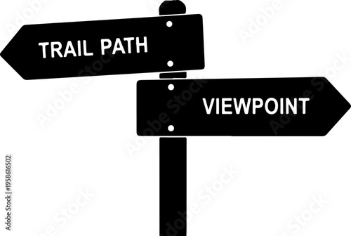 Directional signs, trail path and viewpoint arrows, black icons