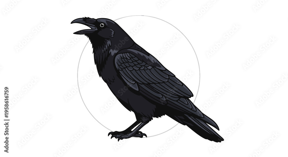 Fototapeta premium Black Raven Bird with Open Beak on White Circle Background Illustration