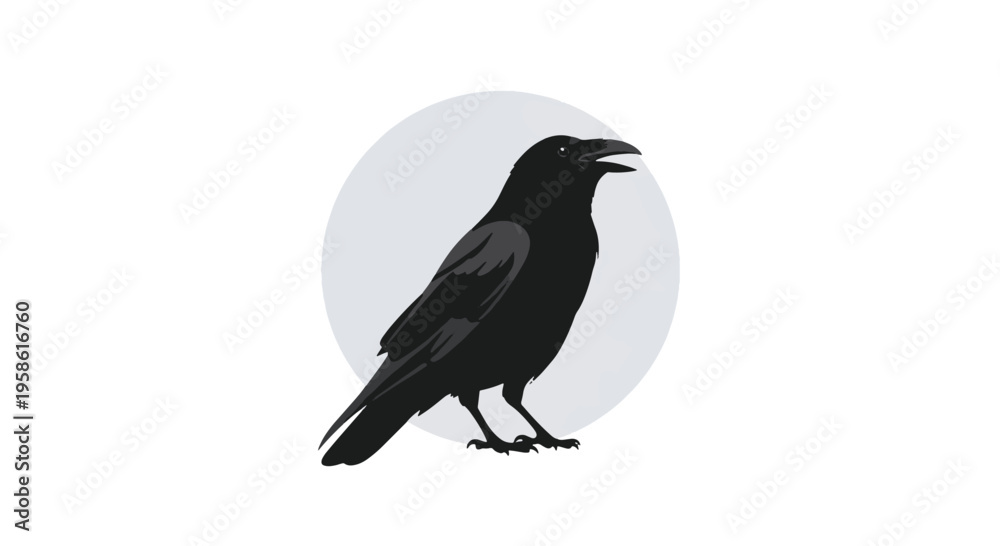 Obraz premium Black Raven Bird Silhouette on Light Grey Circle Background