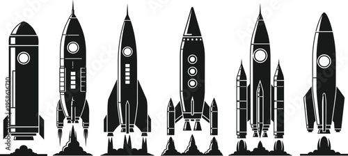 Rocket launch silhouette illustration, space exploration artwork, aerospace engineering design concept, black and white vector template collection set