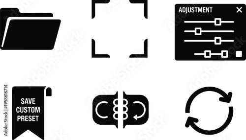 Icons Representing Folder Management, Adjustment Settings, Custom Preset Saving, and Reusable Actions in Digital Workflow for Designers and Editors
